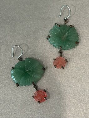 Pretty, Romantic Kenneth Cole Carved Green/ Blush Pink Stone Earrings, Vintage